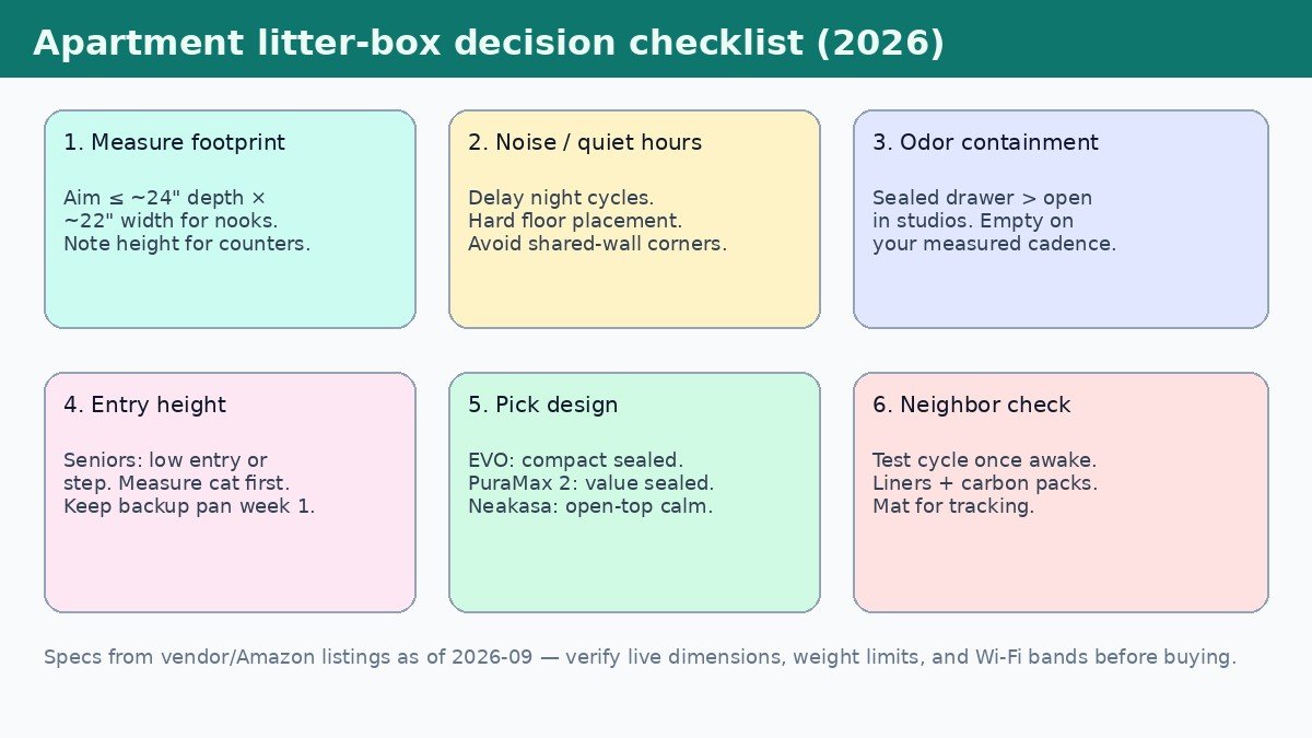 Apartment automatic litter box decision checklist: footprint, quiet hours, odor, entry height, design pick, neighbor check