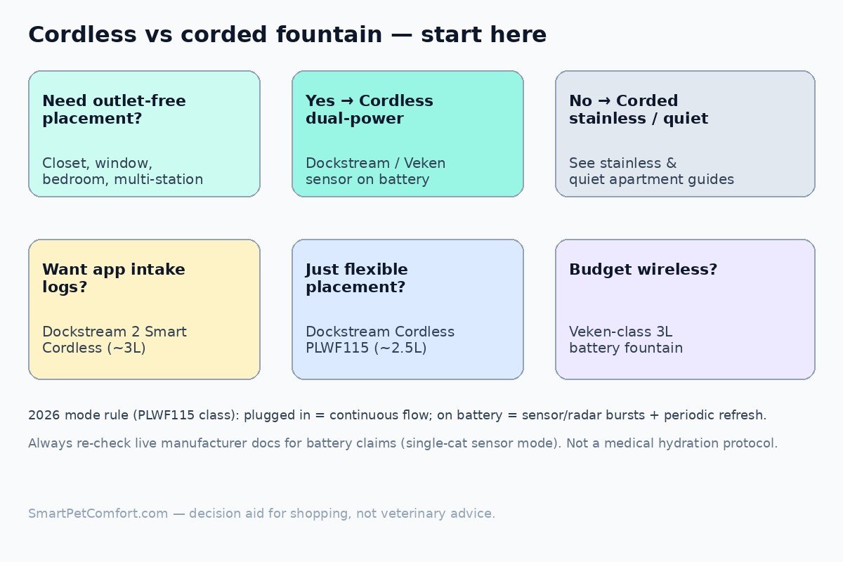 Decision diagram: choose cordless dual-power versus corded stainless or quiet apartment fountain