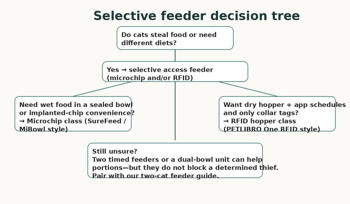 Decision tree choosing microchip sealed bowl versus RFID dry hopper cat feeders
