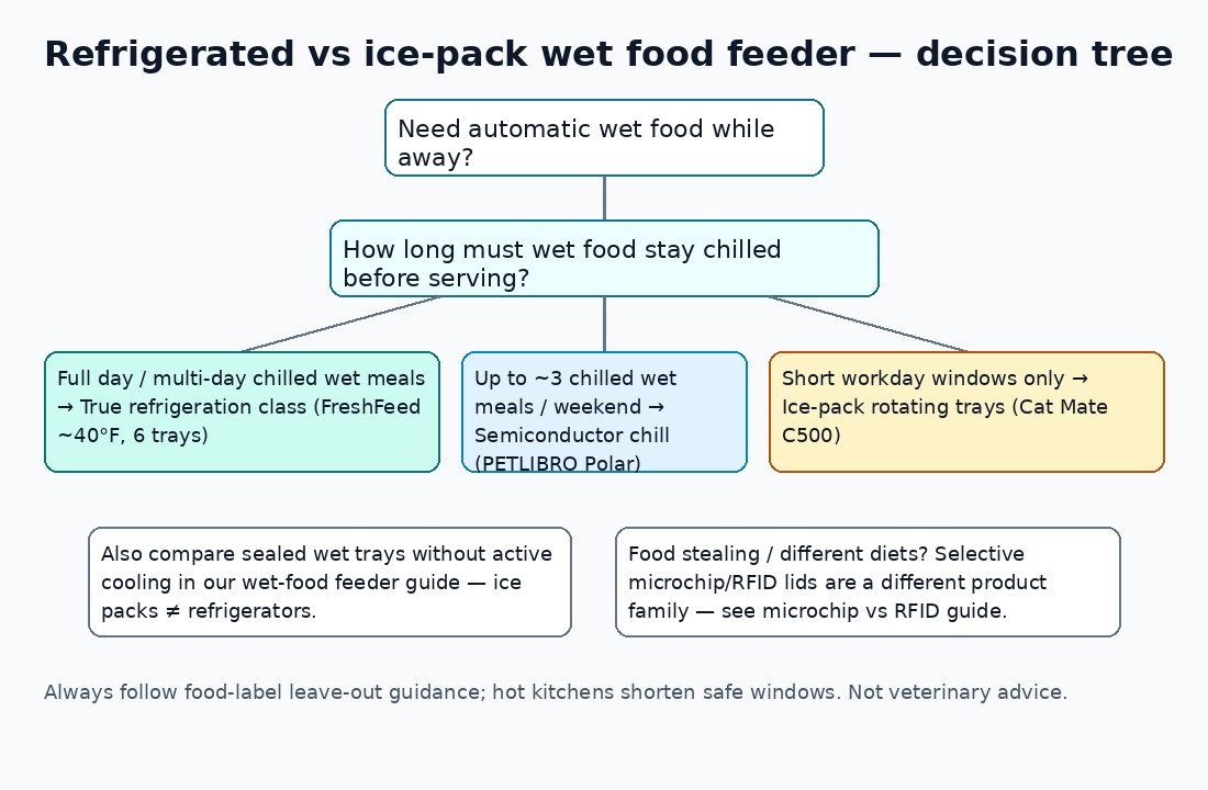 Decision tree choosing refrigerated vs semiconductor vs ice-pack wet food cat feeders