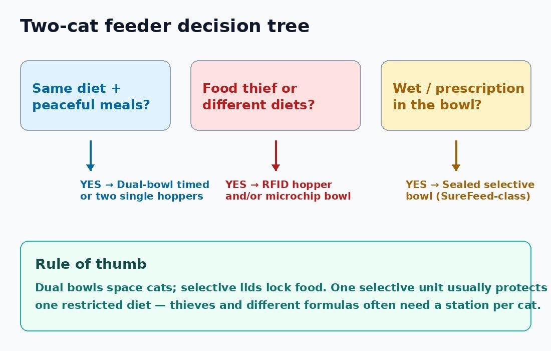 Decision tree: dual bowl for peaceful same-diet cats versus RFID or microchip selective feeders for food thieves